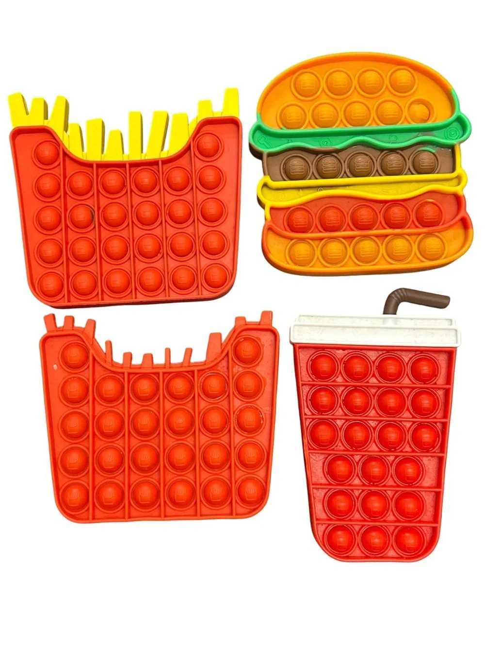 Stress Relief Fidget Toys Pop It Food Theme Fries, Cheeseburger, Drink Lot Of 4