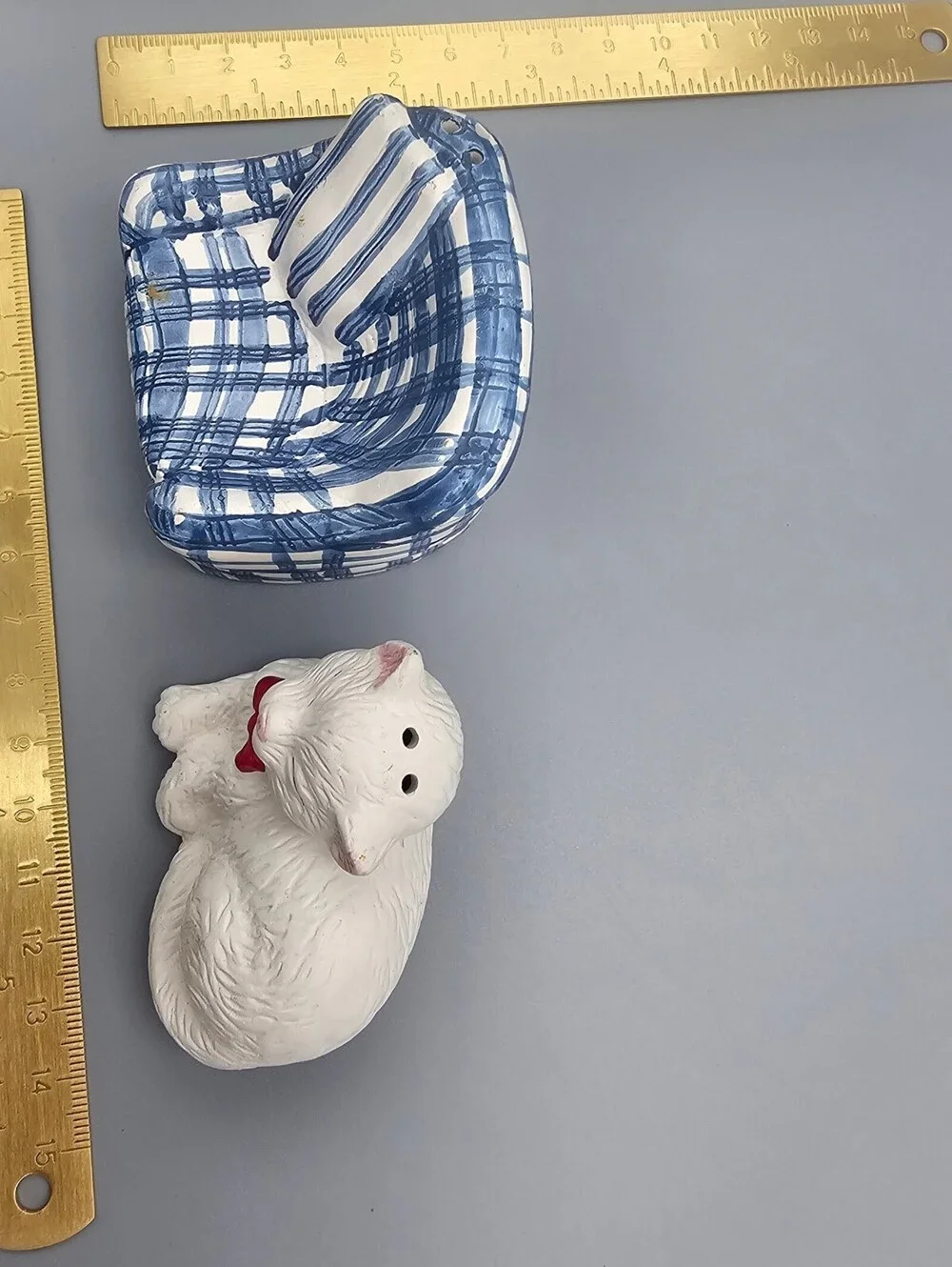 Vintage Ceramic Cat on Blue Plaid Chair Salt and Pepper Shaker Set