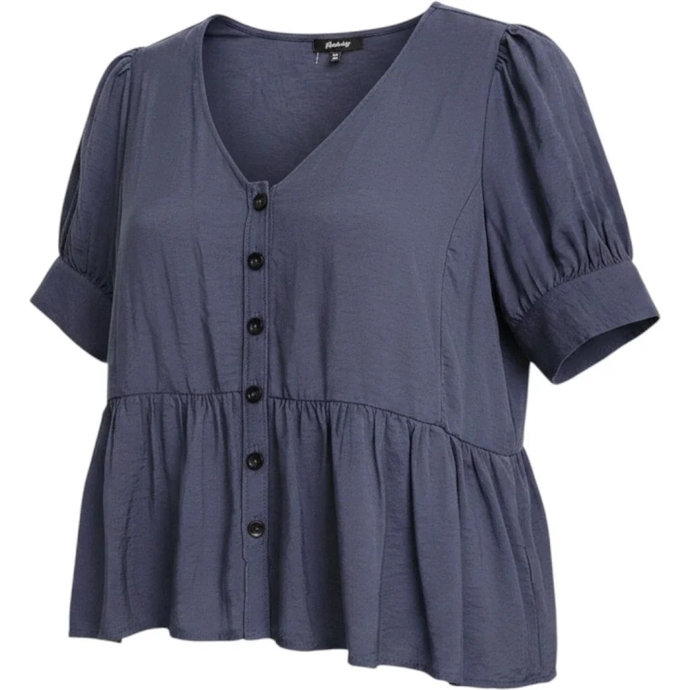 Madewell Women's Blue Button Front Drapeweave puff sleeve XL peplum top Coastal