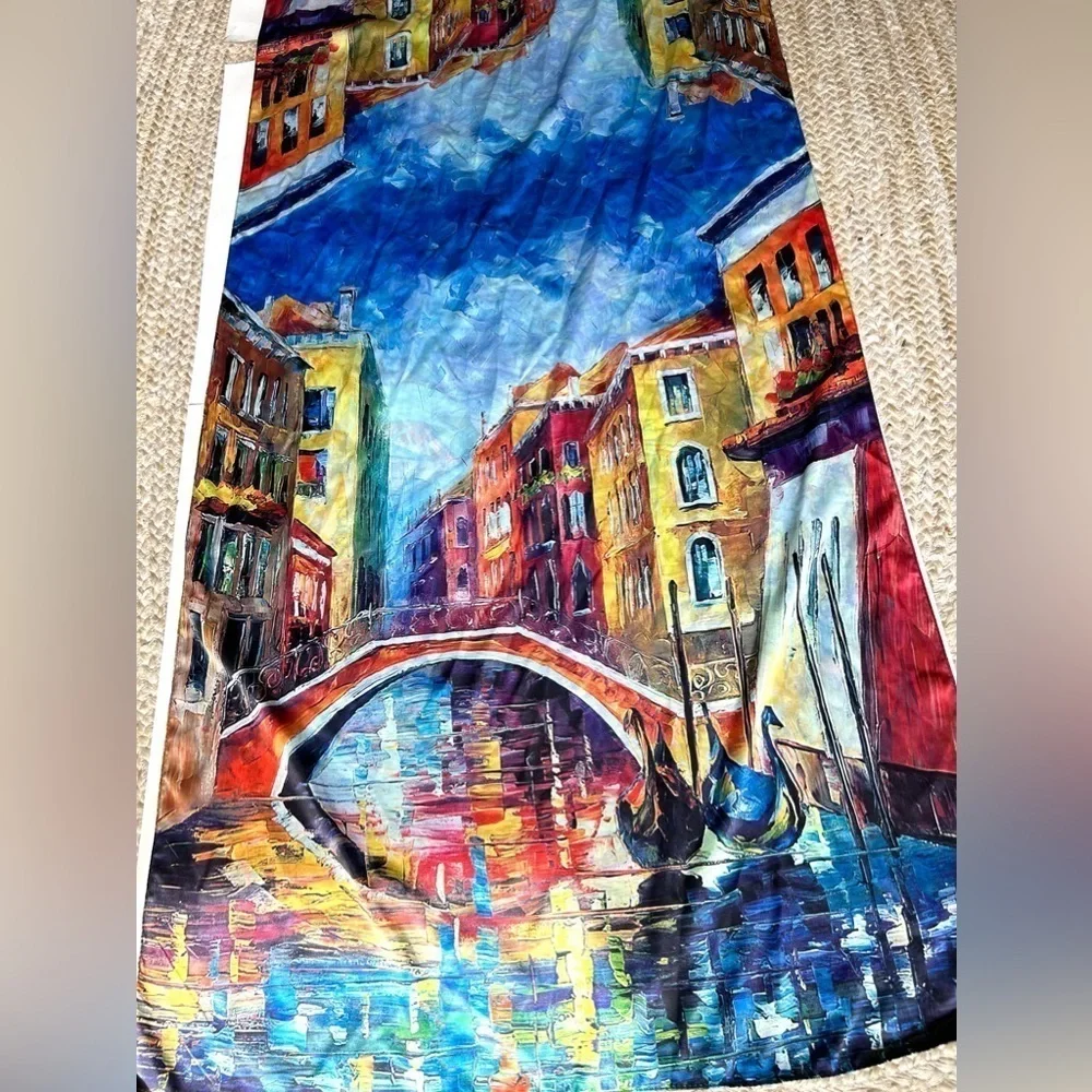 Silk made in Italy scarf double sided Venice flowers hand painted