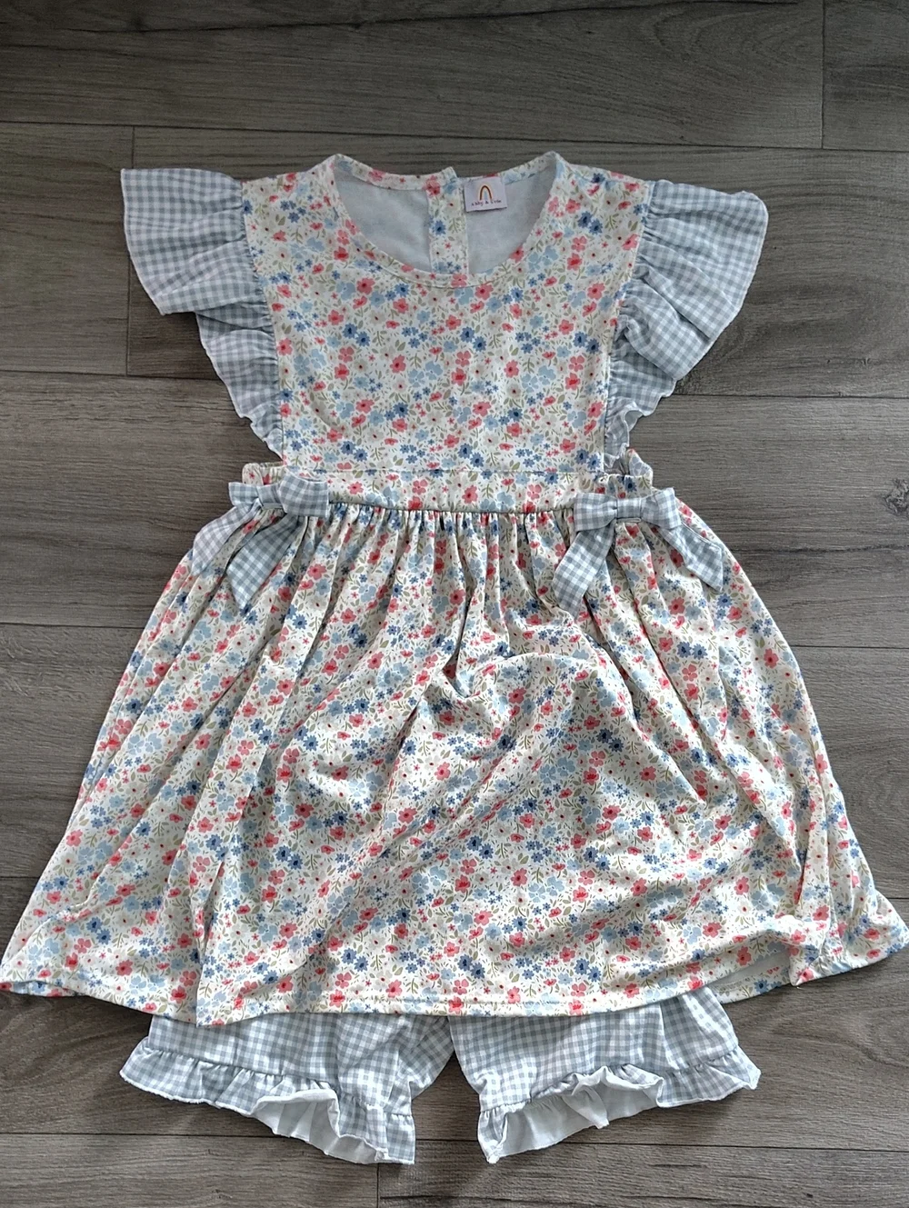 Blue Floral Gingham Ruffle Dress with Matching Shorts - Kids
