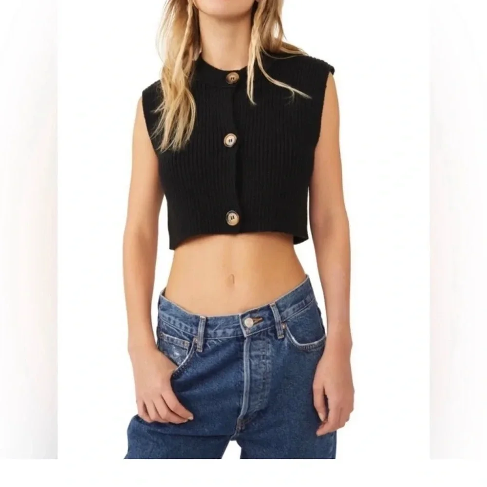 Free People Naiome Micro Vest Black Ribbed Crop Cropped Sweater Sleeveless Small