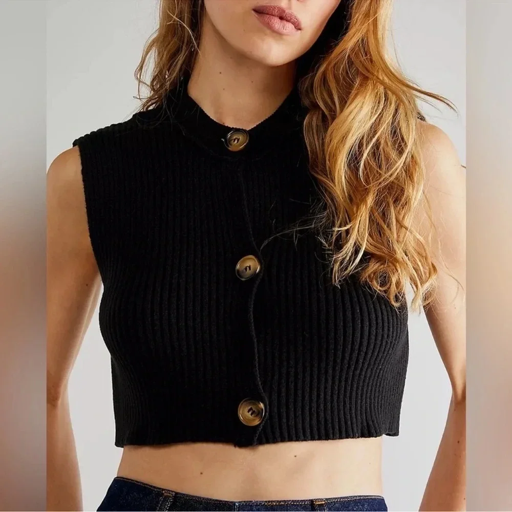Free People Naiome Micro Vest Black Ribbed Crop Cropped Sweater Sleeveless Small