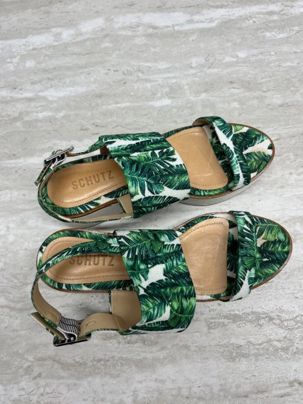 SCHUTZ Palm Leaf Tropical‎ Platform Slingback Wedge Sandals Size 6.5