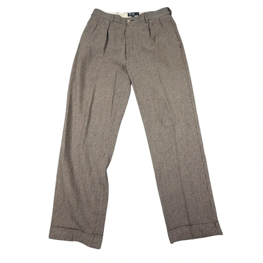 VTG Polo Ralph Lauren Mens Brown Cotton Tweed Basket Weave Pleated Pants 34X31