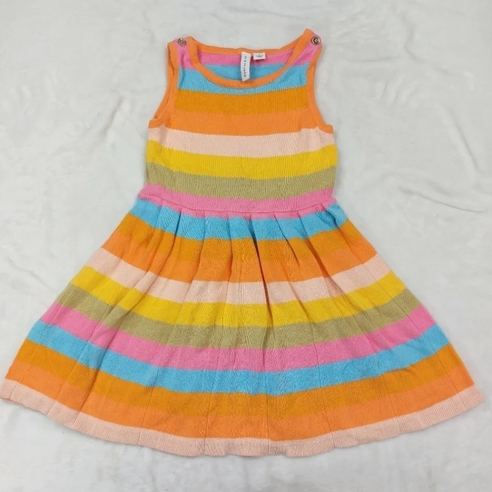 JANIE AND JACK GIRLS ORANGE MULTICOLORED RAINBOW STRIPED KNIT SLEEVELESS DRESS 4