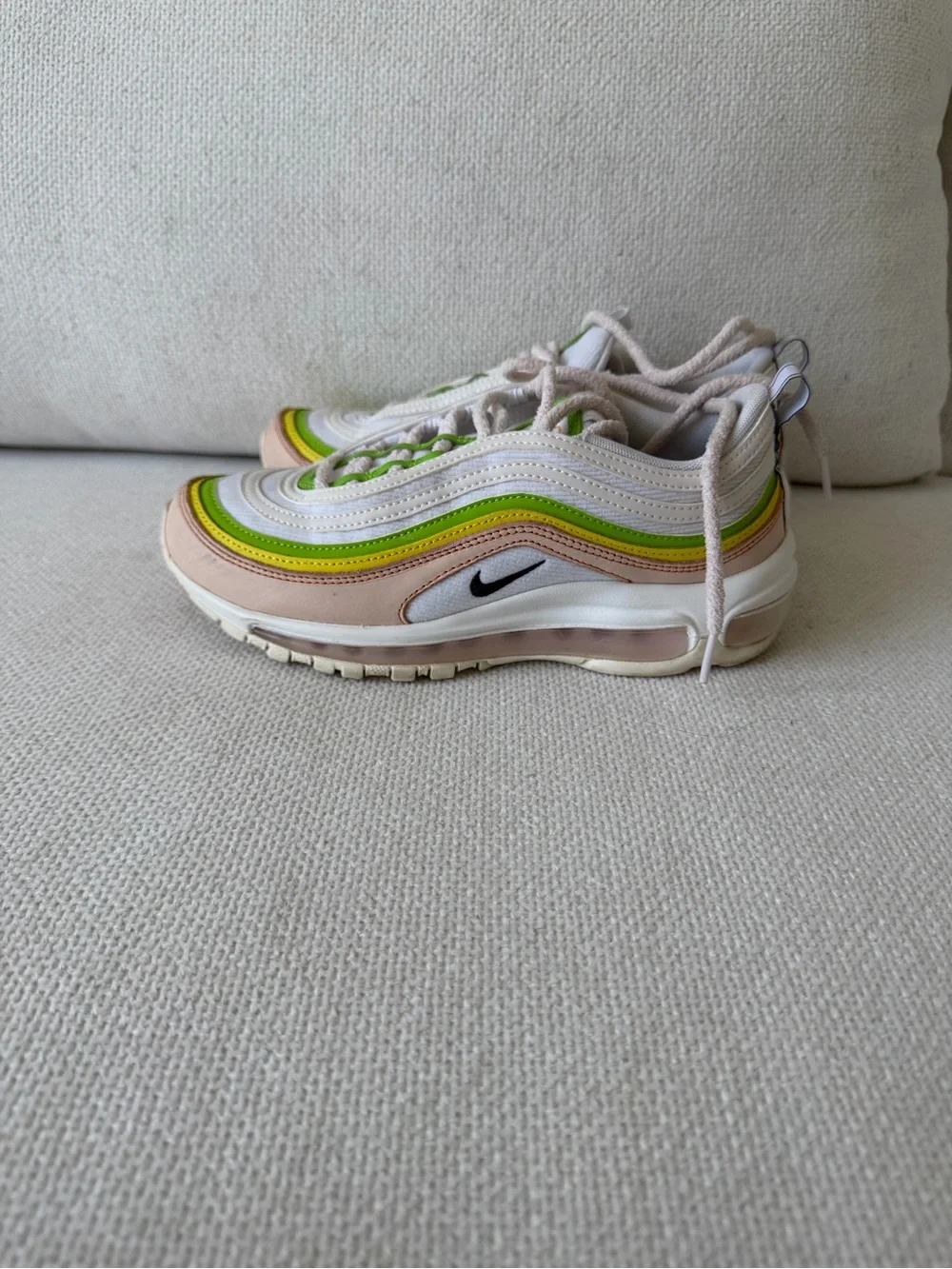 Nike Air Max 97 in Pastel Pink with Green & Yellow Stripes