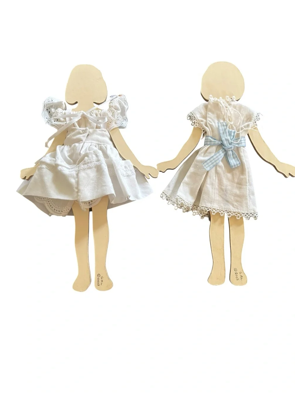 VTG Handmade Set 2 Wood Dolls W/Removable Clothing Both Girls 10” 2003