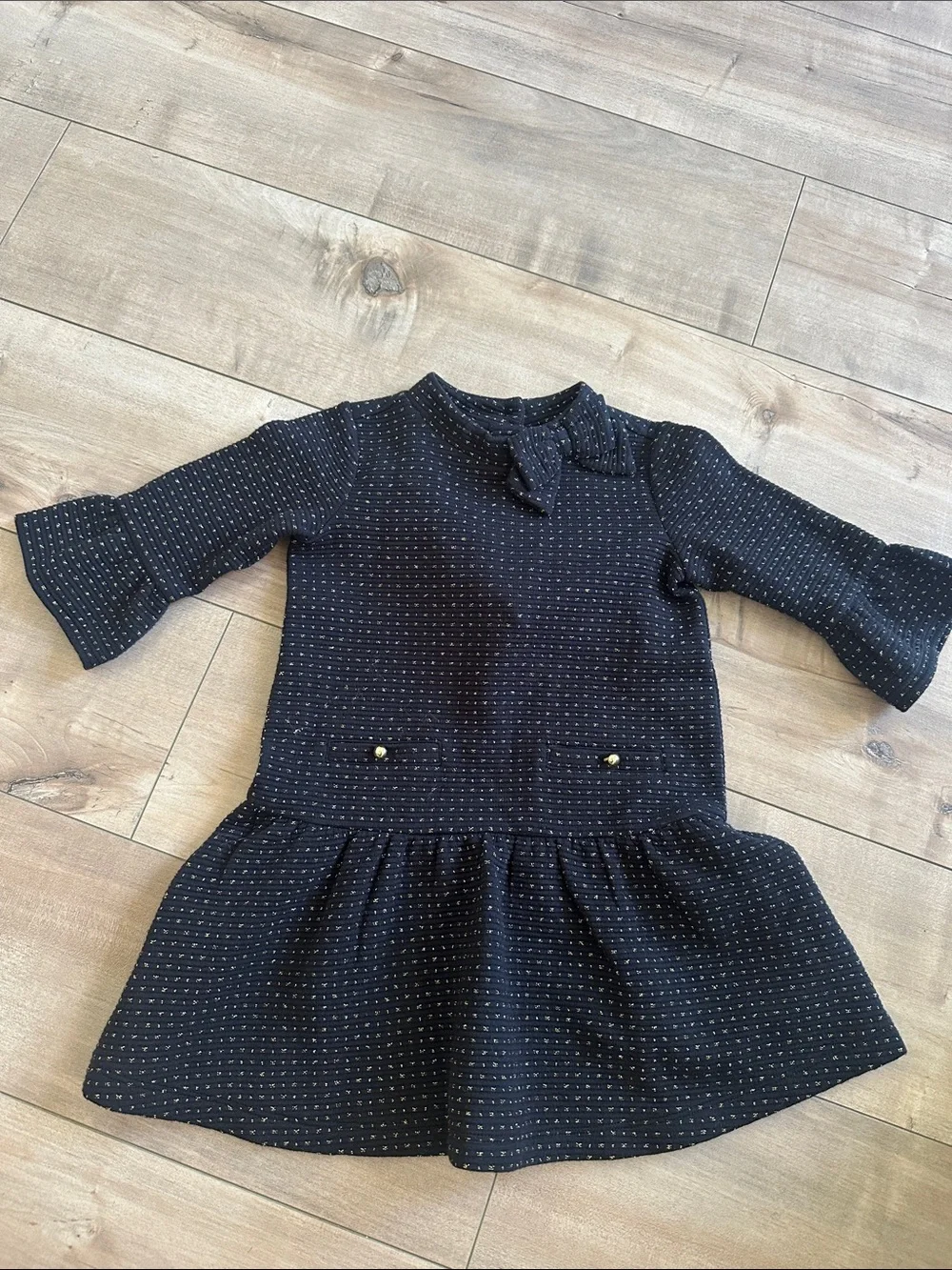 Janie and Jack Dot Polkadot Jacquard Dress Black Gold Bow Girl Sz 2T