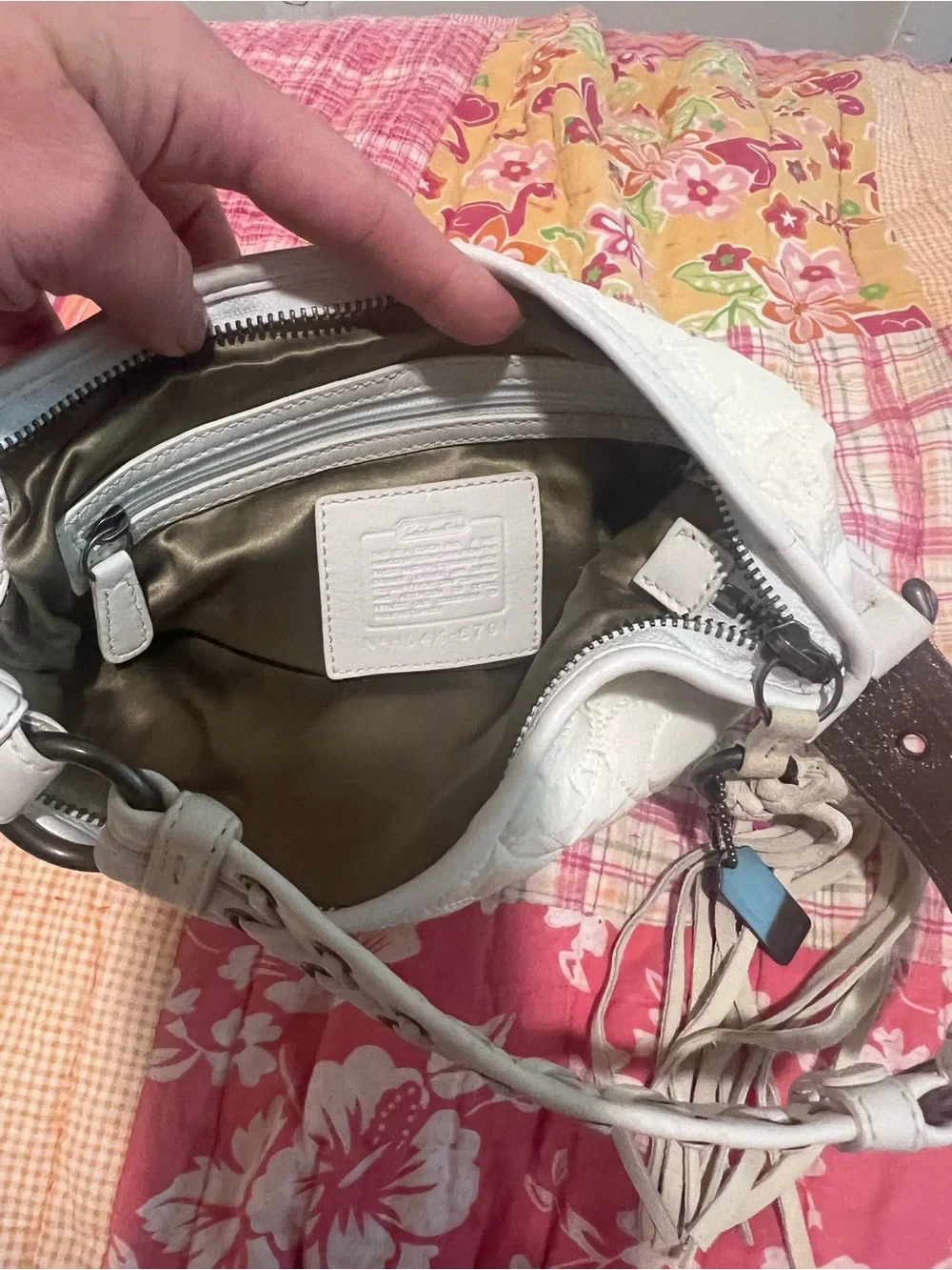 Coach White Leather Shoulder Bag with Tassel and Braided Strap