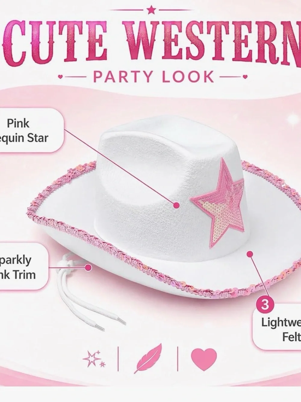 White with Pink  trim Cowgirl Hat # 3 white pink