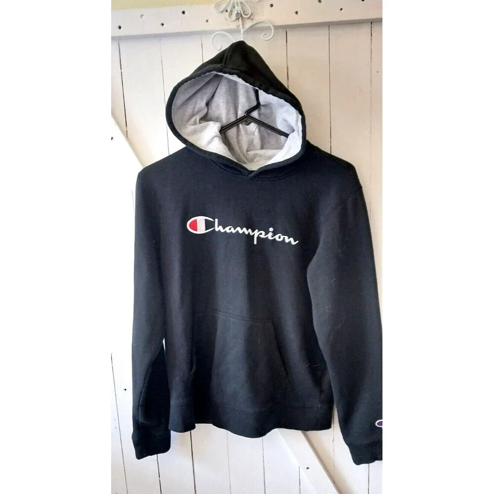 Champion Boys Black Hooded Sweatshirt Long Sleeve Pockets Size XL Hoodie