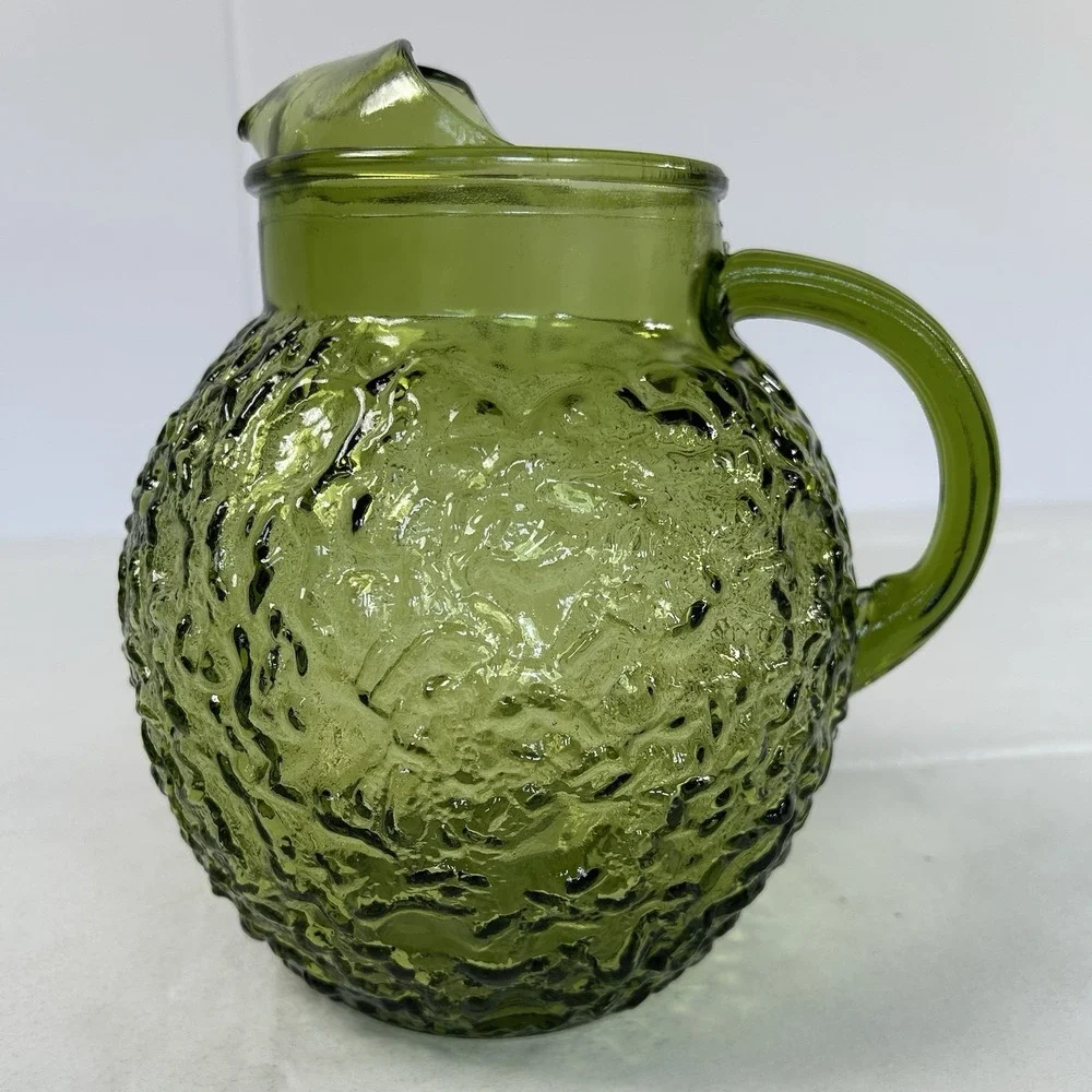 Vintage 1970s Anchor Hocking Milano/Lido Avocado Green Crinkle Ball Pitcher