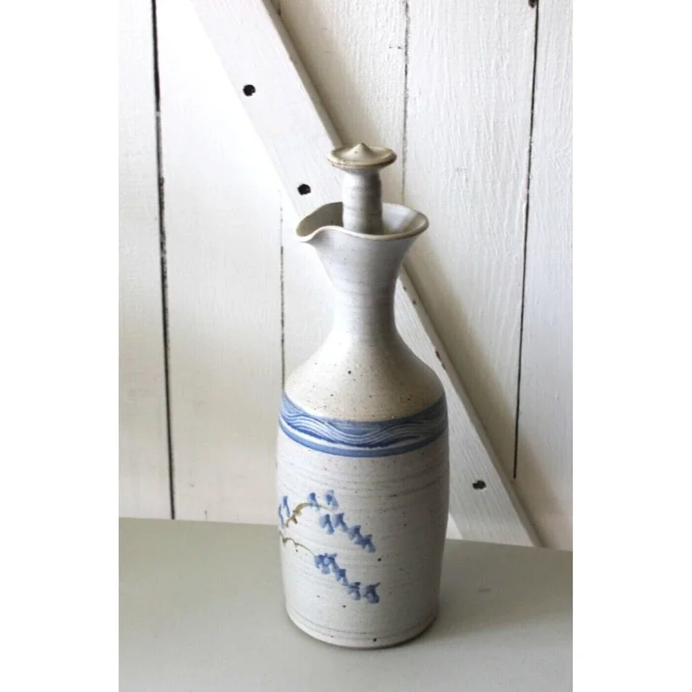 Art Pottery Stoneware Decanter Bottle w/ Stopper Blue Earth Tone Signed 11.5
