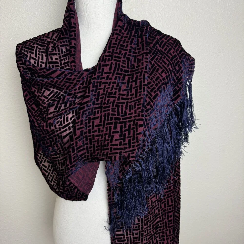 Vintage Piano Scarf Shawl  Silk and Velvet Fringe