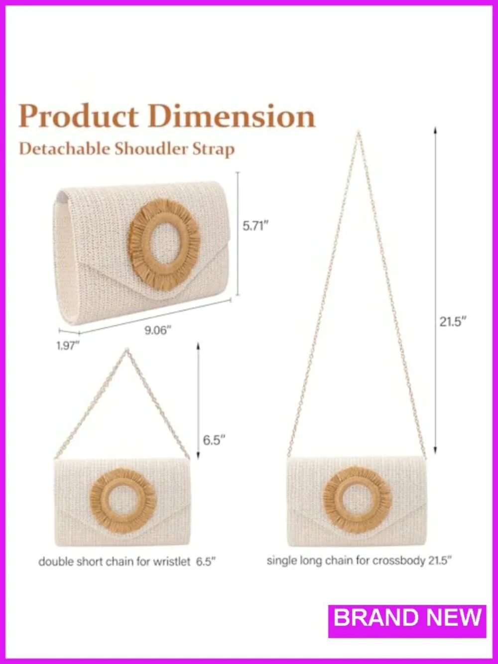 Woven Straw Clutch Purse with Detachable Chain Crossbody Shoulder Bag for Women