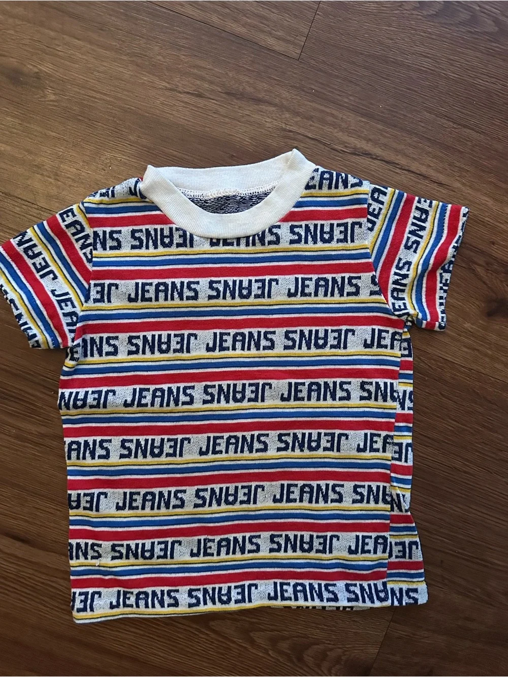 Vintage Striped 'JEANS' Logo Tee - Red, Blue, Yellow & White
