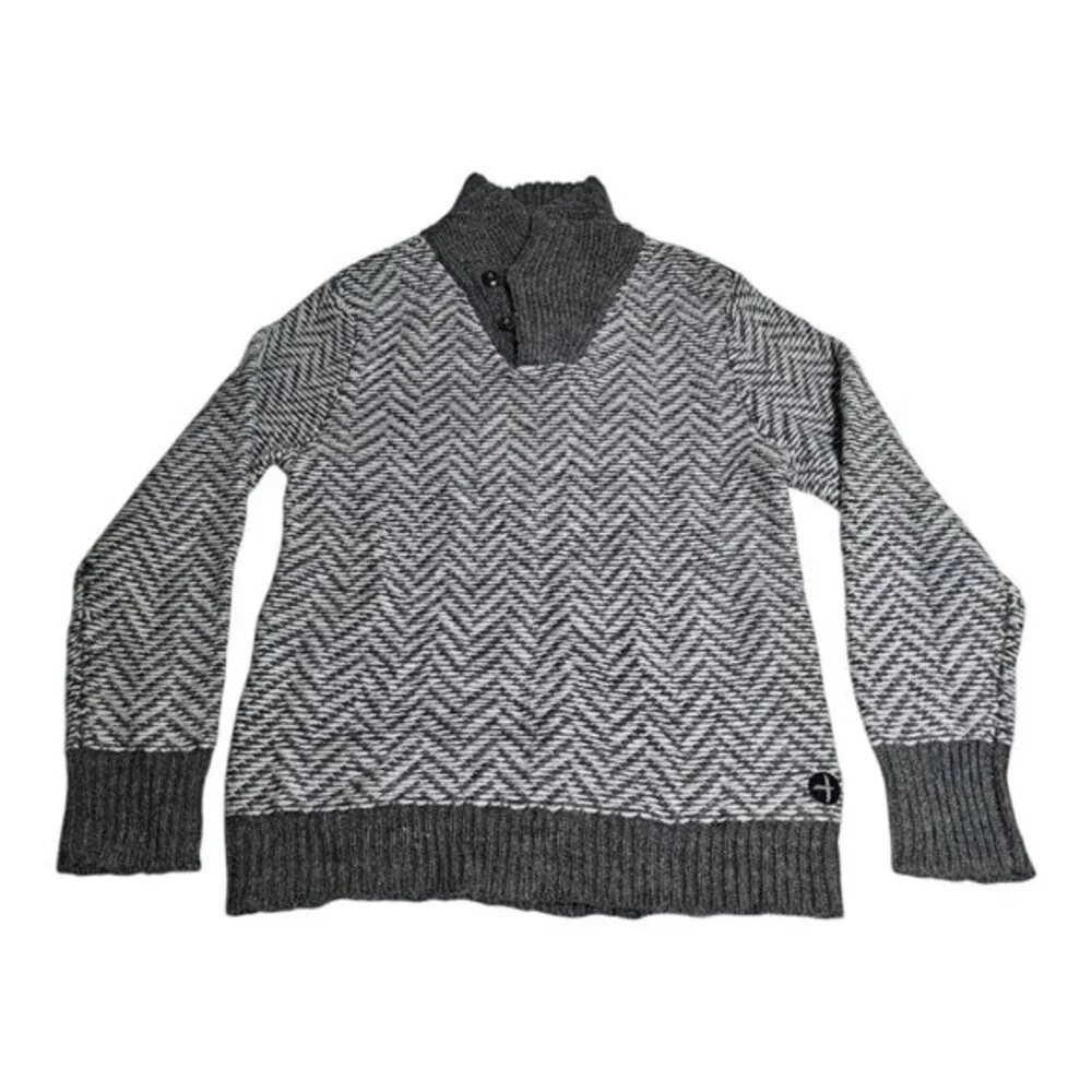 Relwen Sweater Mens Medium‎ Shawl Neck Herringbone Gray White Wool Knit