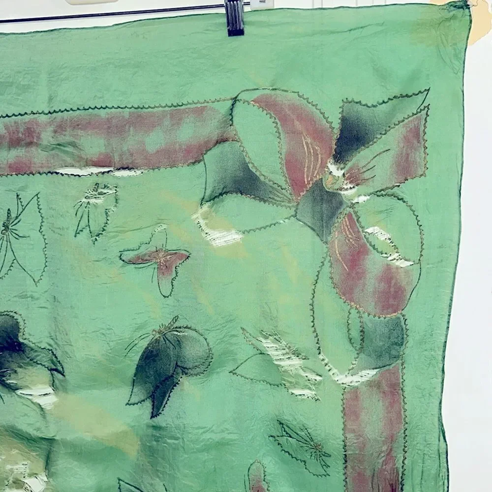 Vtg Brico  5 1/2 Momme green silk artsilk scarf painted‎ with butterflies- AS IS