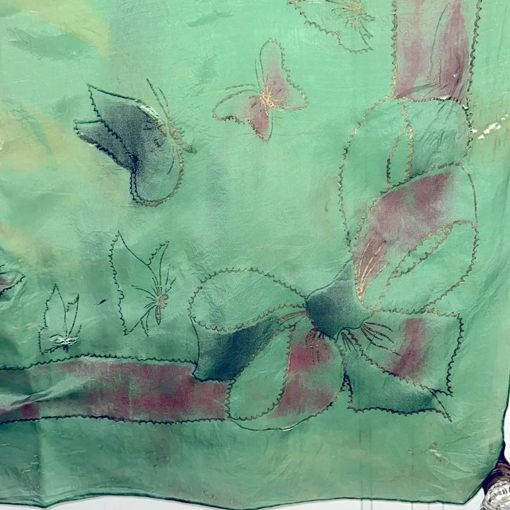 Vtg Brico  5 1/2 Momme green silk artsilk scarf painted‎ with butterflies- AS IS