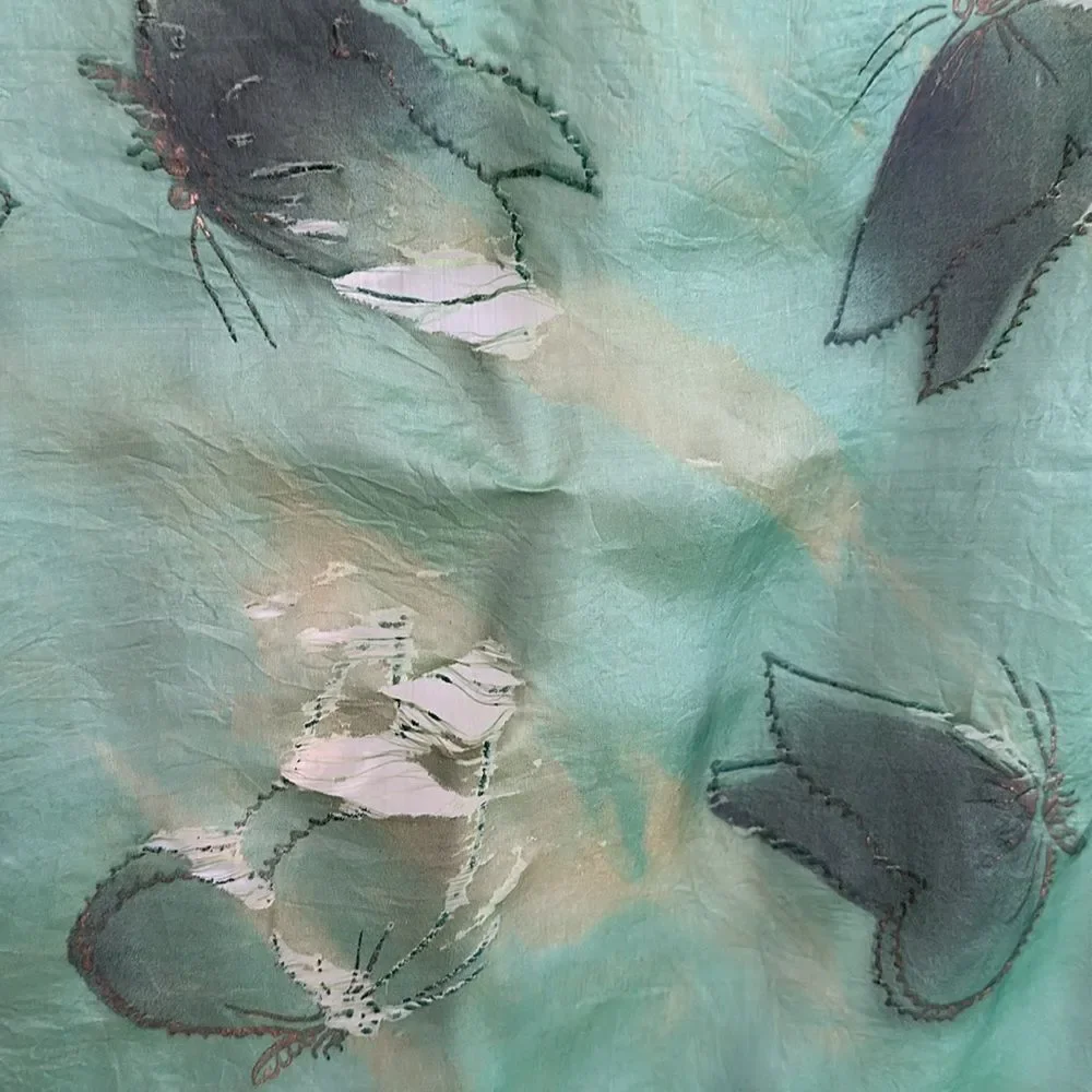 Vtg Brico  5 1/2 Momme green silk artsilk scarf painted‎ with butterflies- AS IS