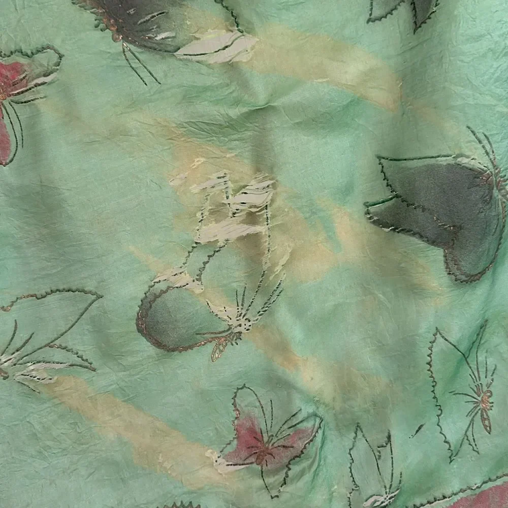 Vtg Brico  5 1/2 Momme green silk artsilk scarf painted‎ with butterflies- AS IS