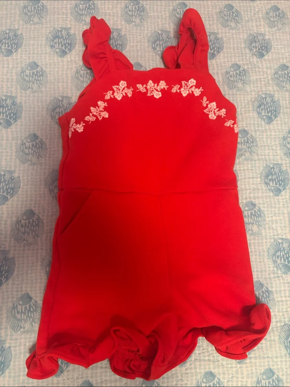 Janie and Jack Red Ruffle Strap One-Piece Romper with White Floral Embroidery