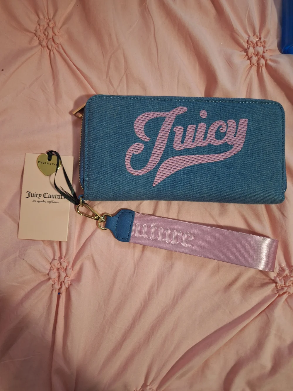 EXCLUSIVE Juicy Couture Blue Denim Zip Wallet with Pink Logo Strap