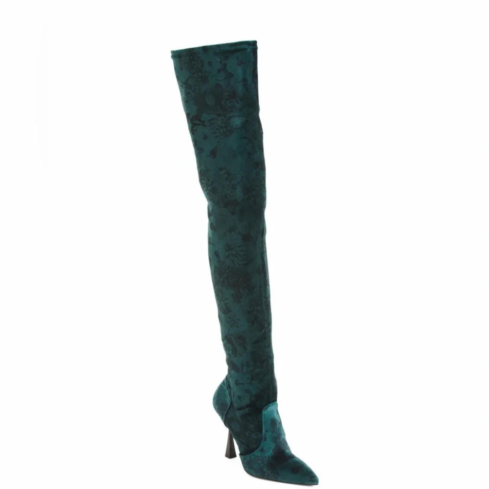 Beautiisoles by Robyn Shreiber Marilia Thigh High Green Floral Velvet Boots