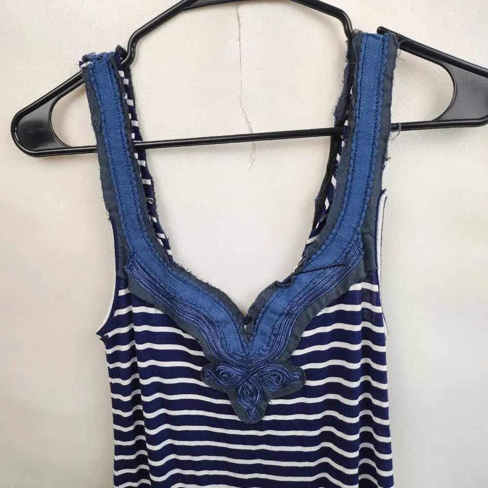 Vintage Free People Womens‎ BOHO Tank Top XS Blue White Embroidered Striped