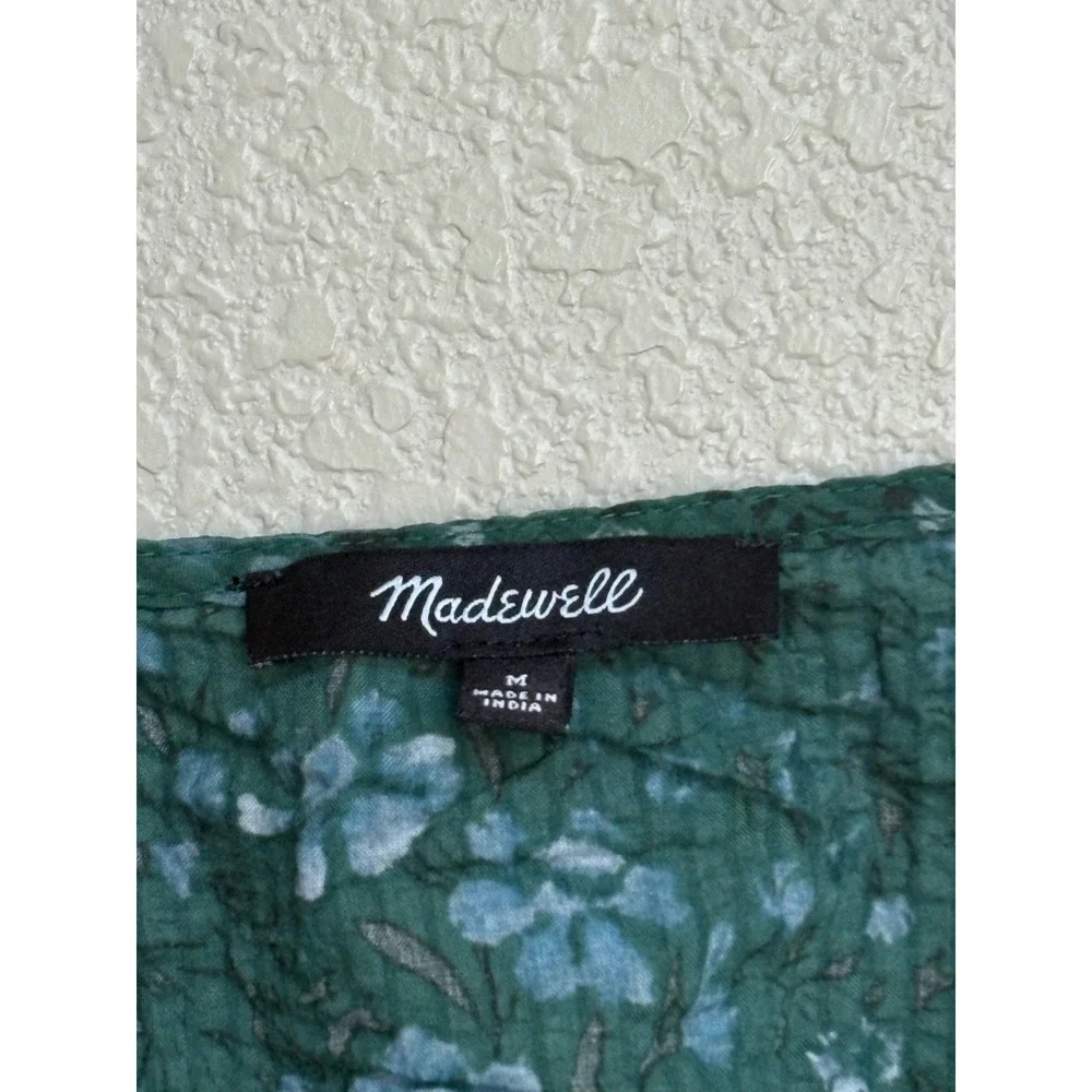 Madewell Green Floral Puff Sleeve Wrap Top Cotton V-Neck Blouse Size Medium