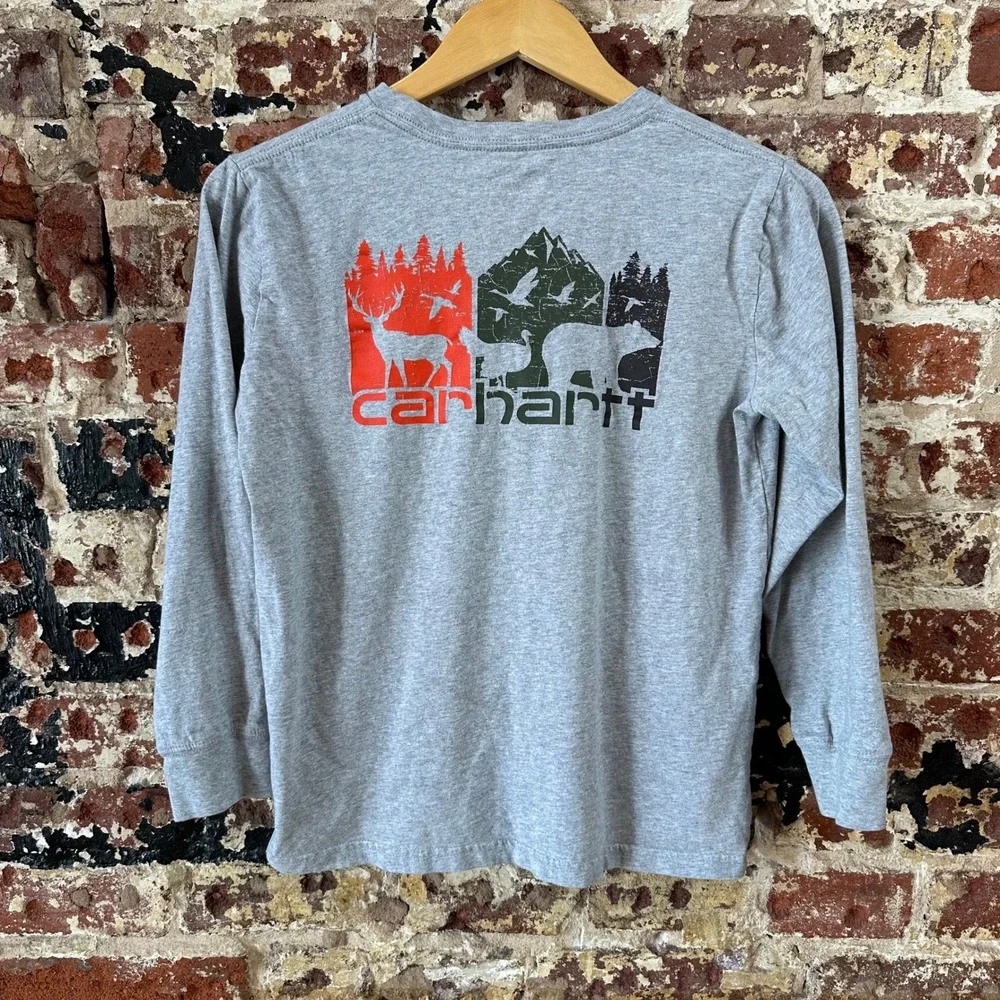 Carhartt Boys Youth Long Sleeve Gray Deer Bear T Shirt Graphic Medium 10-12