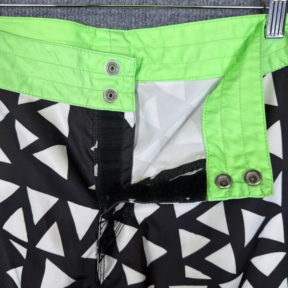 Quiksilver Mens Board Shorts Size 34 Black Neon Green Geometric Swim Trunks Surf