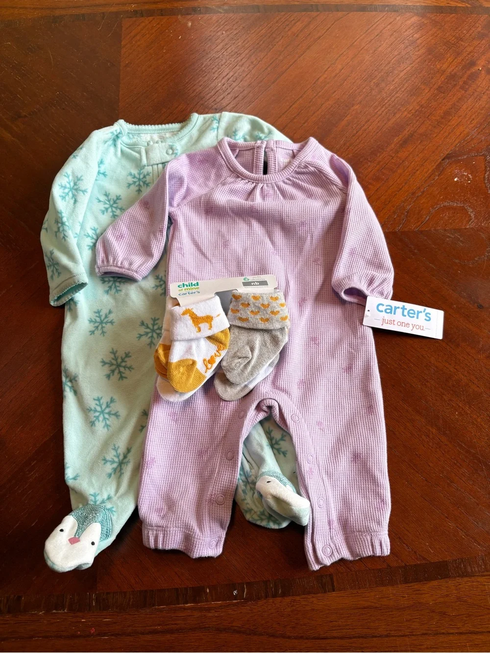 NWT Carter's Lavender One-Piece and Mint Snowflake Footie Set with Socks TR176