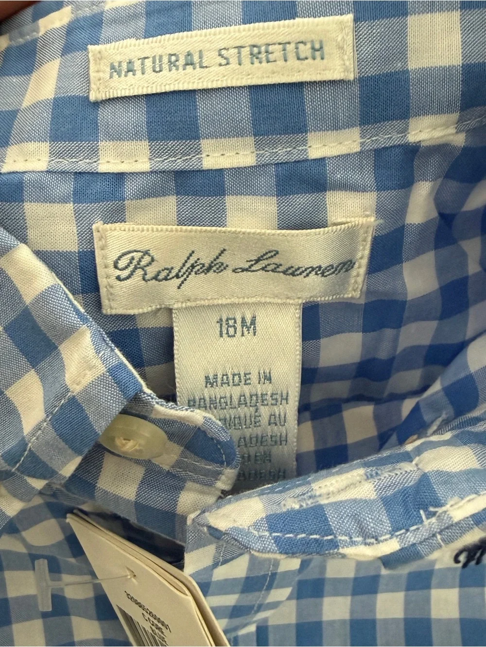 Ralph Lauren Baby Boys 18M Blue Gingham Button Down Shirt NWT Natural Stretch*O