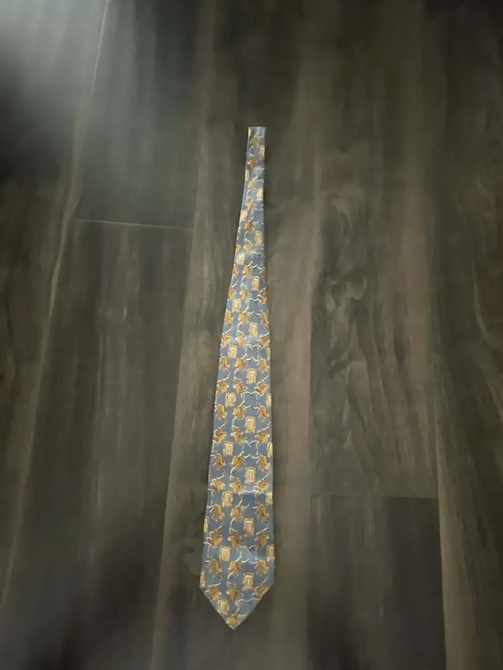 Joseph Abboud Blue and Gold Medallion Pattern Silk Necktie