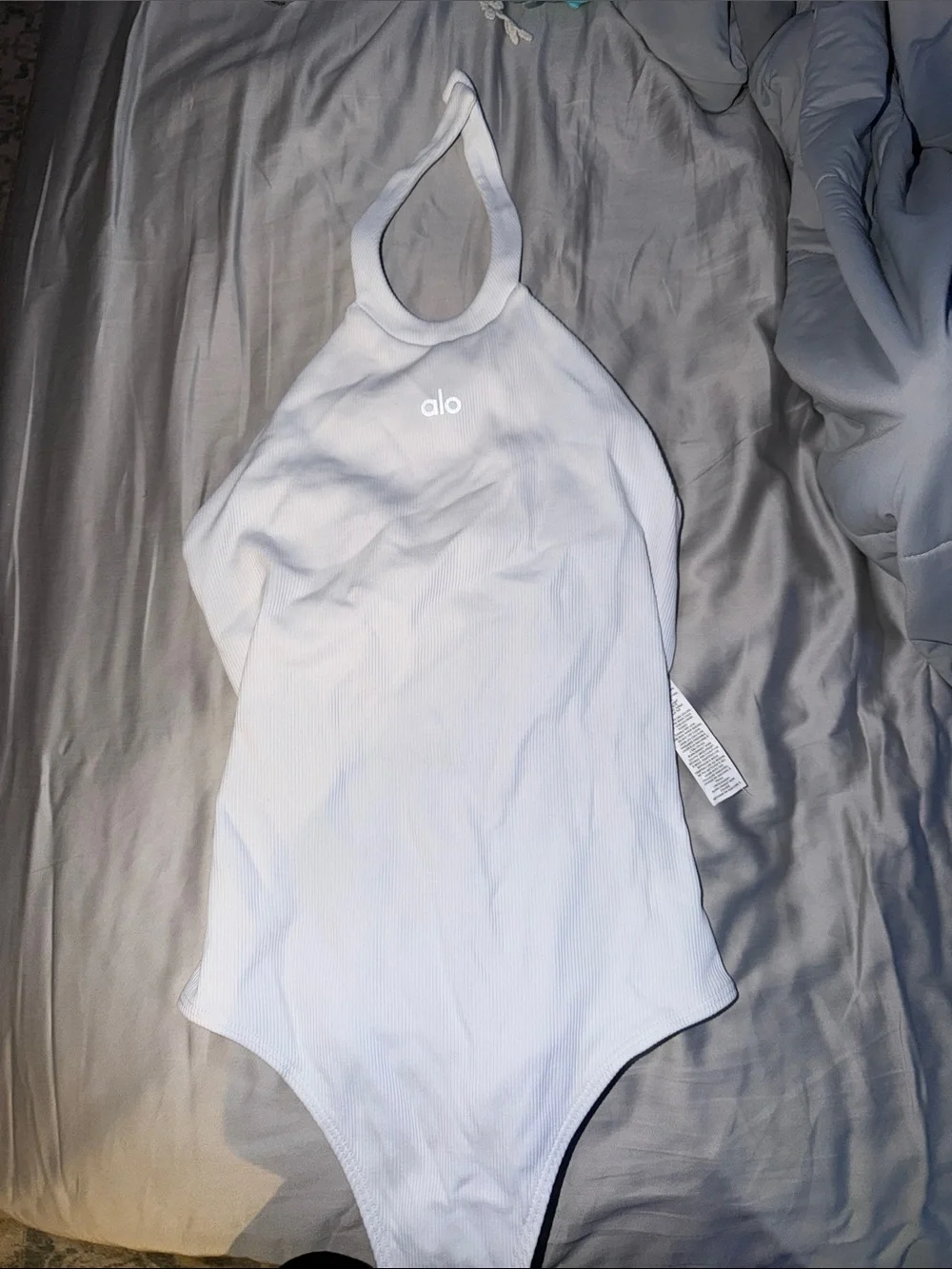 ALO Yoga White Ribbed Halter Bodysuit