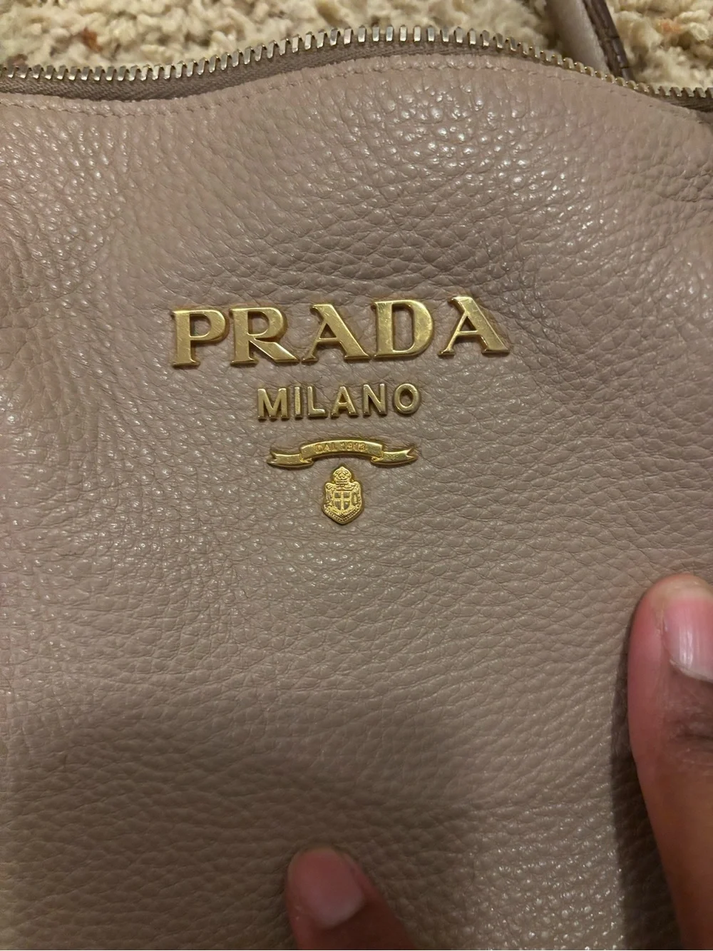 Prada Beige/Taupe Leather Crossbody Top-Handle Bag with Striped Strap