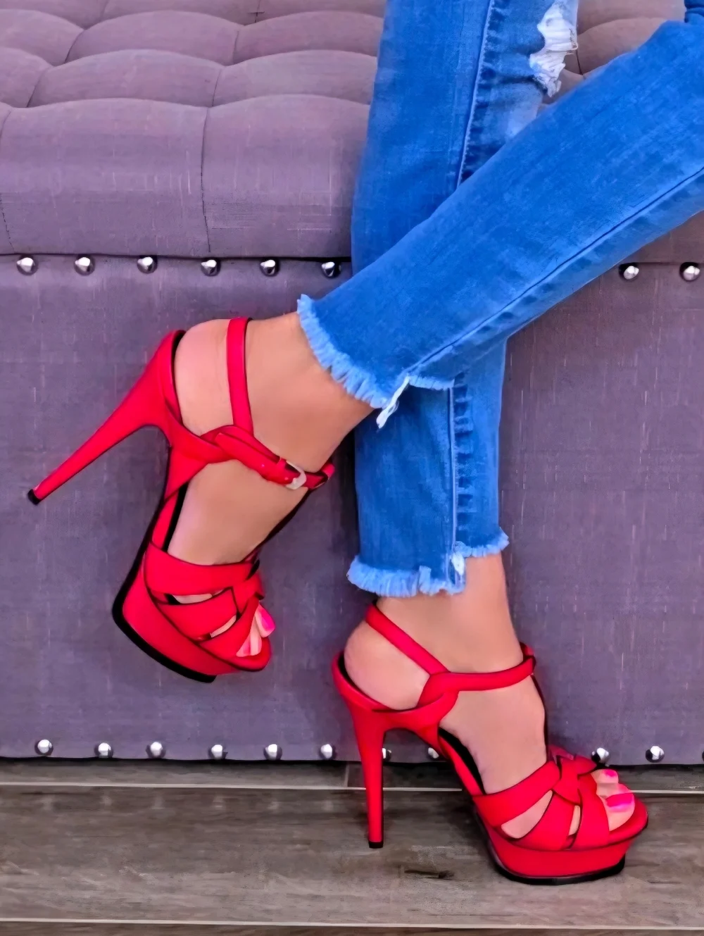 YSL Yves Saint Laurent Red Leather Strappy Ankle Strap High Heels EU38 / US8