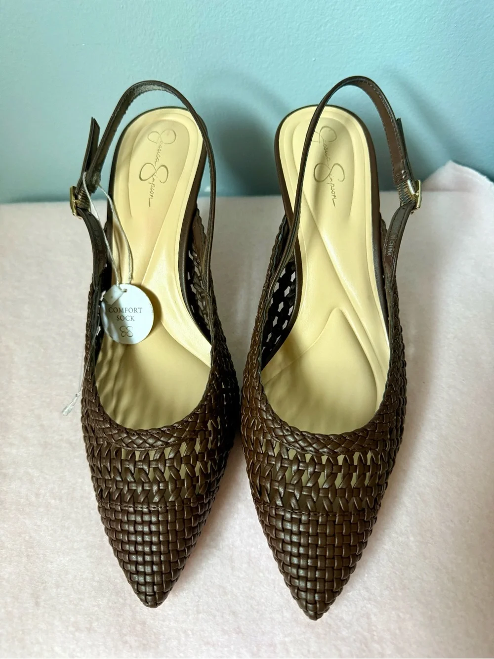Jessica Simpson Dark Brown Woven Pointed Slingback Heels 8