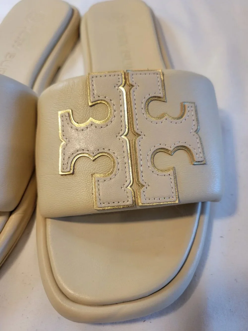 Tory Burch Double T Leather Slide Sandals Cream Beige Gold Logo Size 7