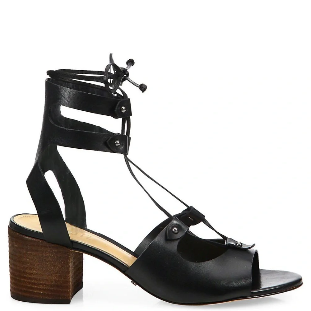 Schutz Monik Black Leather Gladiator Block Heel Sandal Open toe Ankle Strap Pump