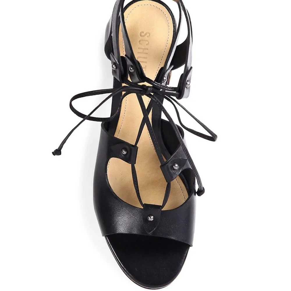 Schutz Monik Black Leather Gladiator Block Heel Sandal Open toe Ankle Strap Pump