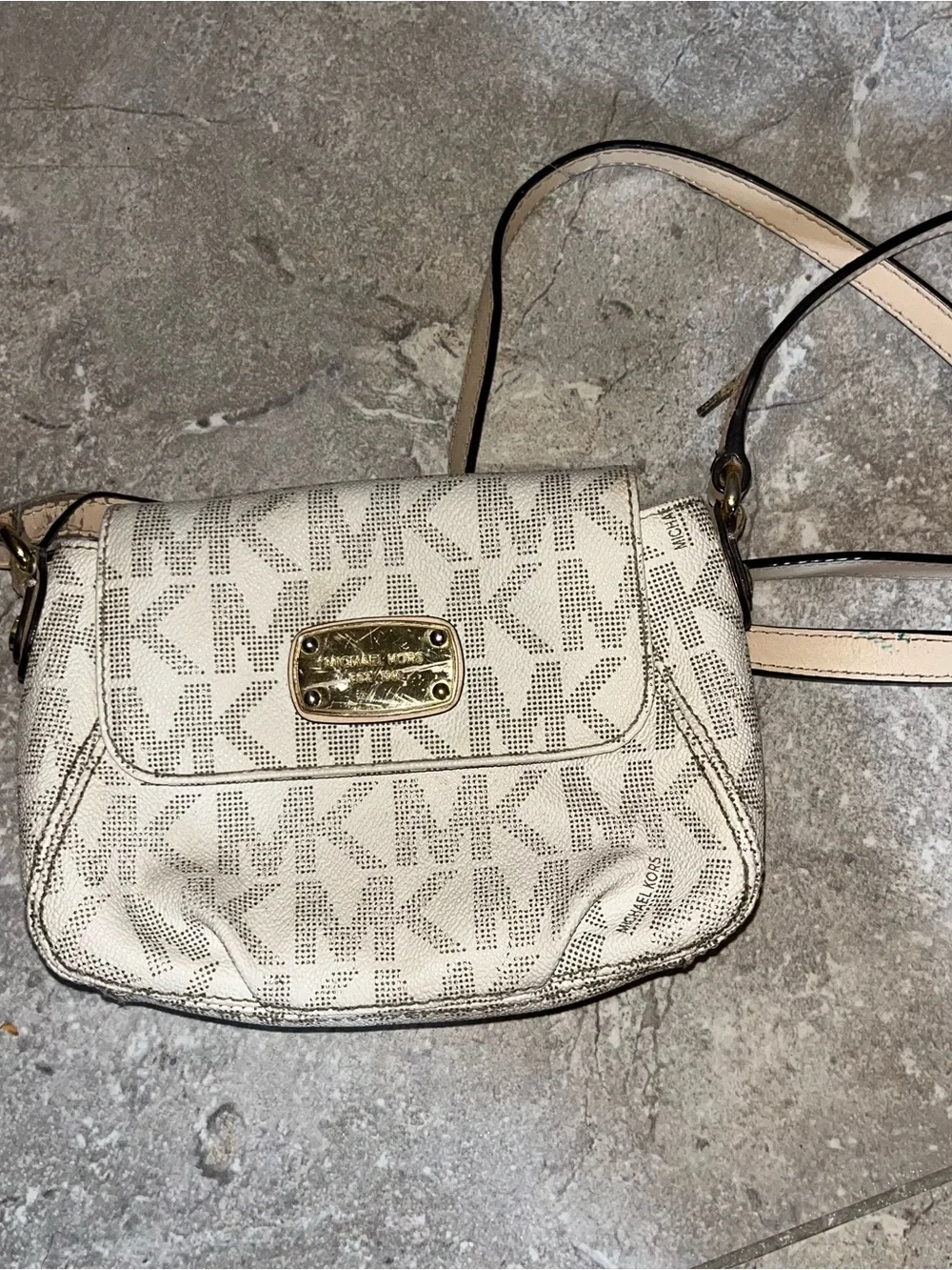 Michael Kors Cream MK Logo Crossbody with Gold Plate