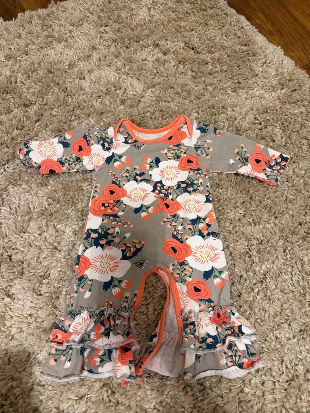 Floral Ruffle Long-Sleeve One-Piece Romper in Coral & Gray