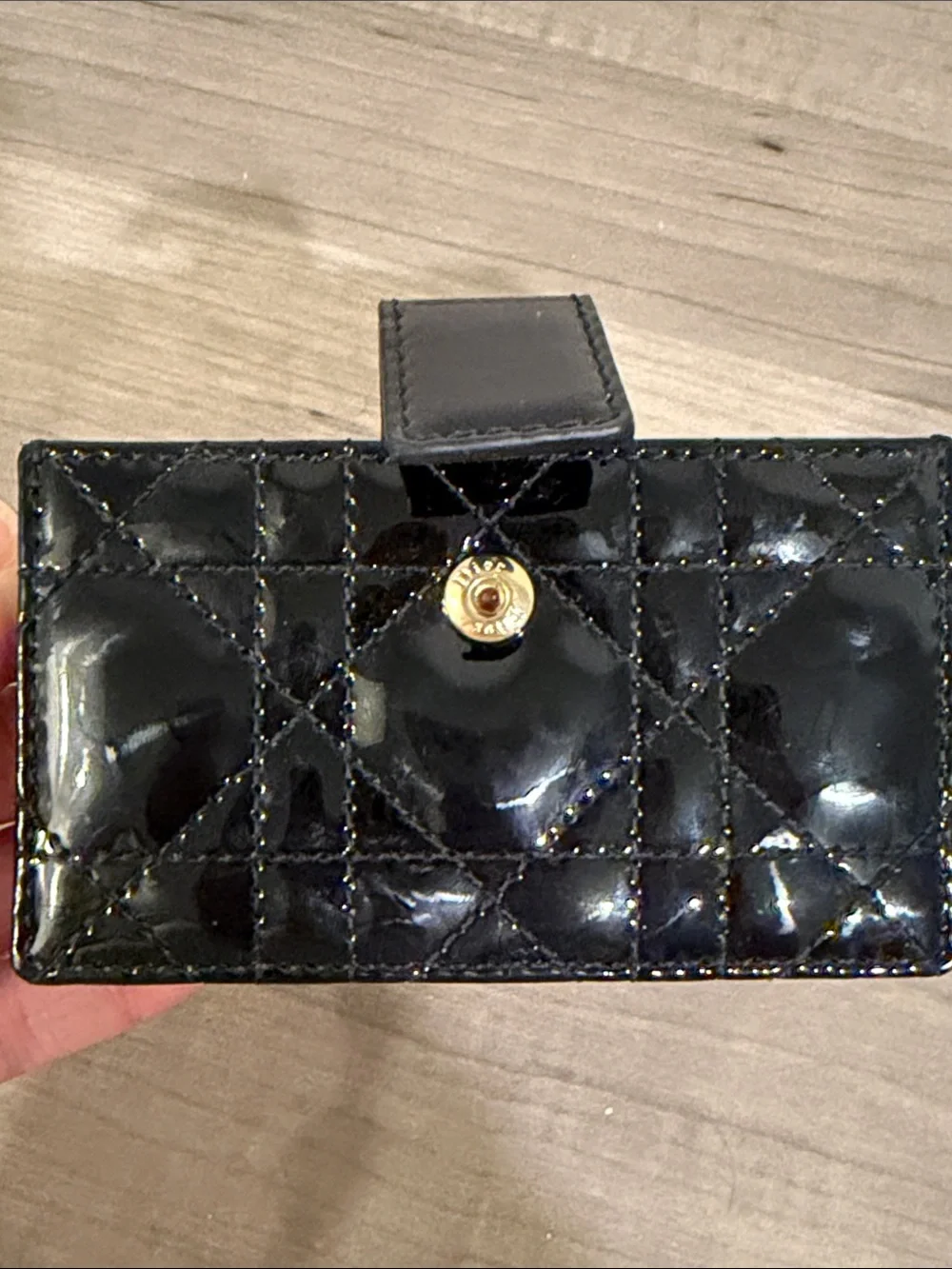 Lady Dior Black Patent Quilted Card & Key Holder with Gold Charm