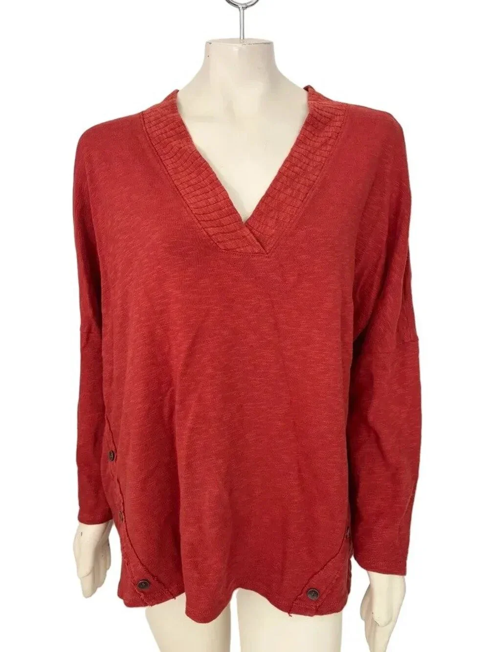 CHALET Slub Cotton Asymmetric Button Lagenlook Dolman Sweater Red Orange SZ L