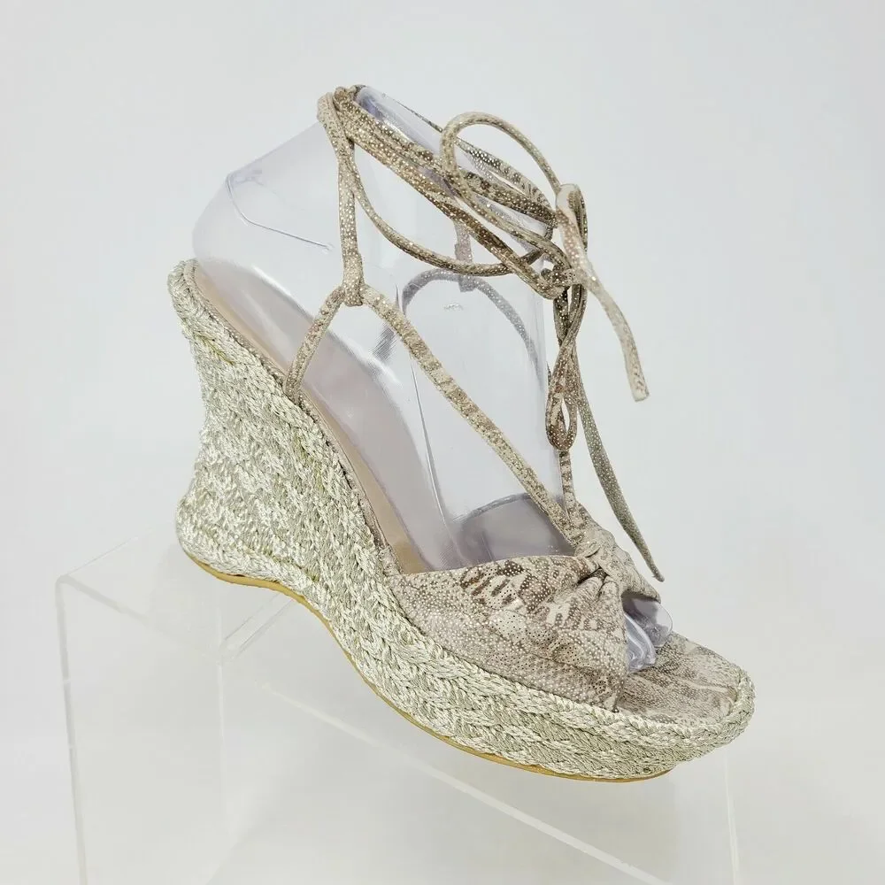 Stuart Weitzman Gold Snake Espadrille Wedge Heel Women's 8 Leg Tie Lace Up Shoes