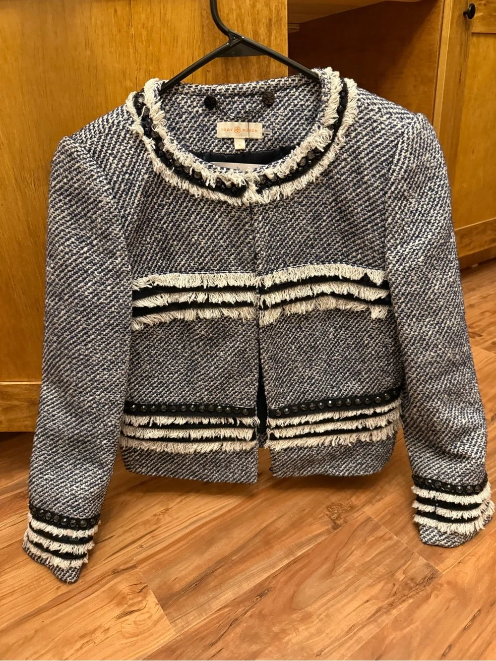 Tory Burch Navy and White Tweed Fringe Cropped Jacket