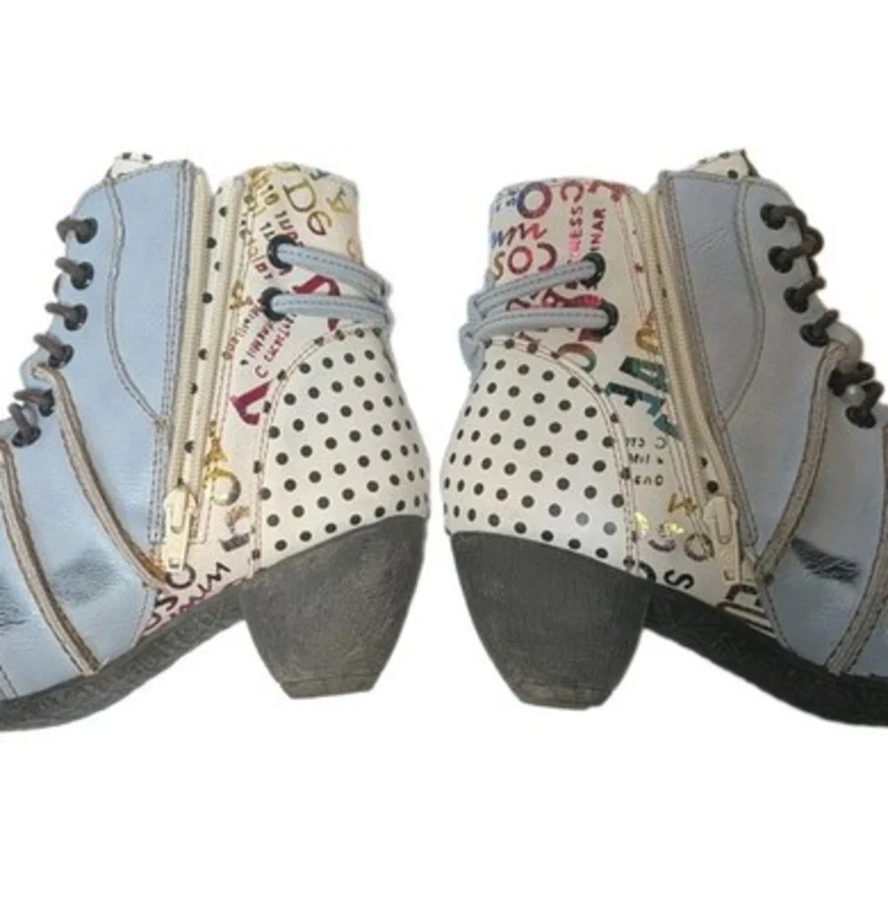 Maia Boho White Shoes Leather Lace-up Low Heel Ankle Boots EU 39 US 8.5 Polkadot